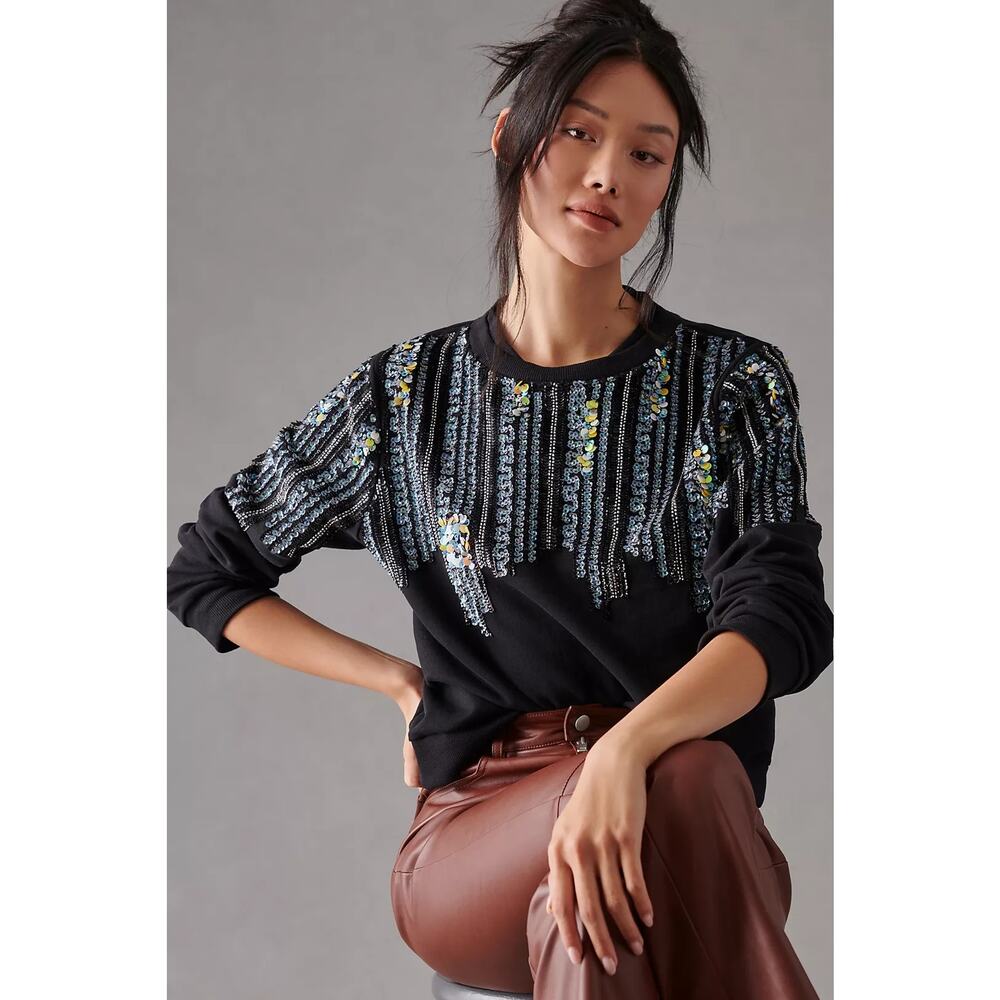 New Anthropologie Let Me Be Disco Sequin Sweatshirt $168 Small Black - Picture 3 of 7